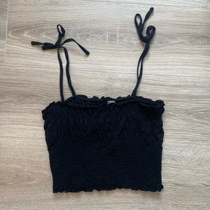 women’s black smocked tank top with tie straps!